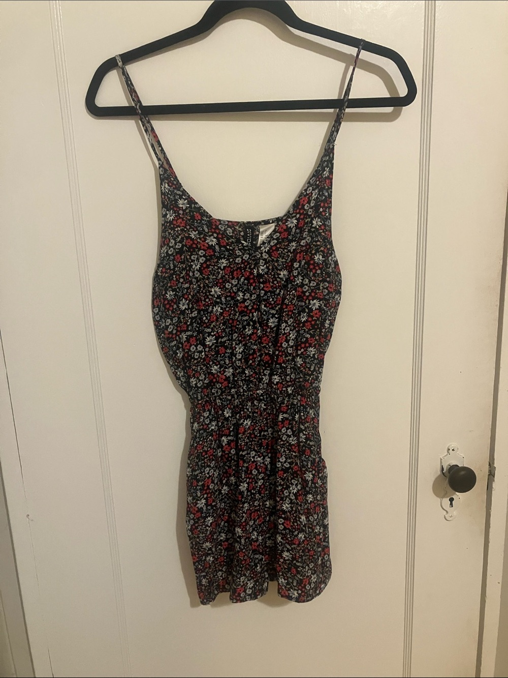 Divided Floral Scoop Romper in Black and Red